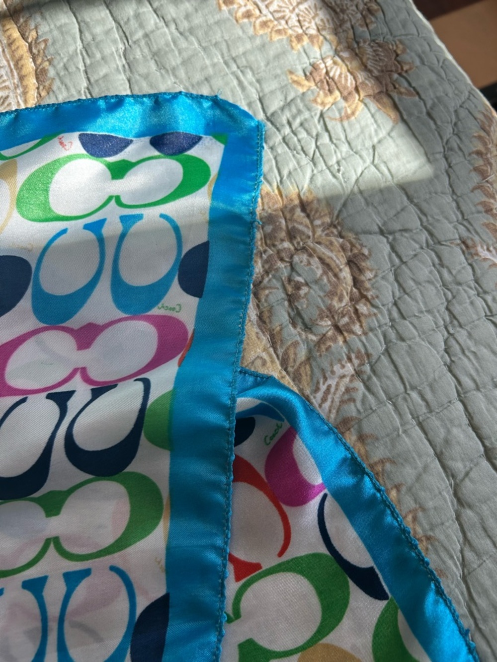 Vintage Coach Turquoise-Edged Multicolor Logo Silk Scarf - Picture 3 of 7